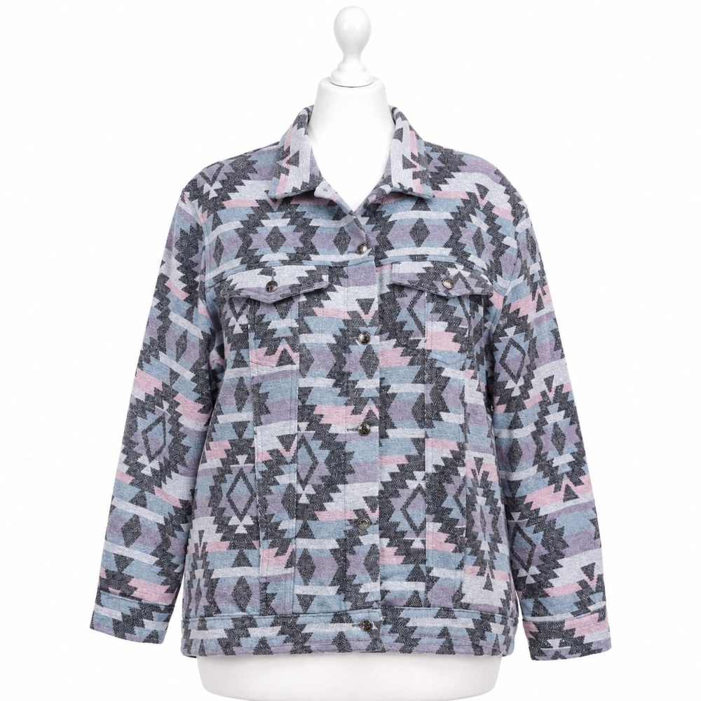 Oddi Aztec‎ Shacket Women 1XL/2XL Blue Pink Southwestern Tribal Button Up Jacket